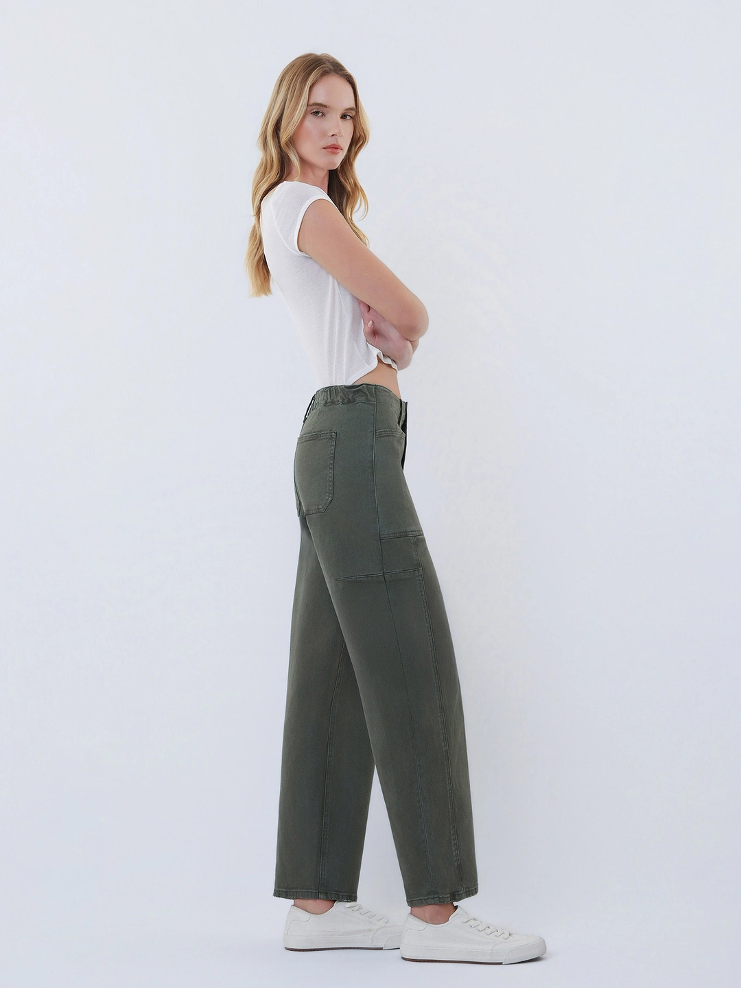 Super High Rise Elastic Waistband Barrel Jeans - Deep Forest