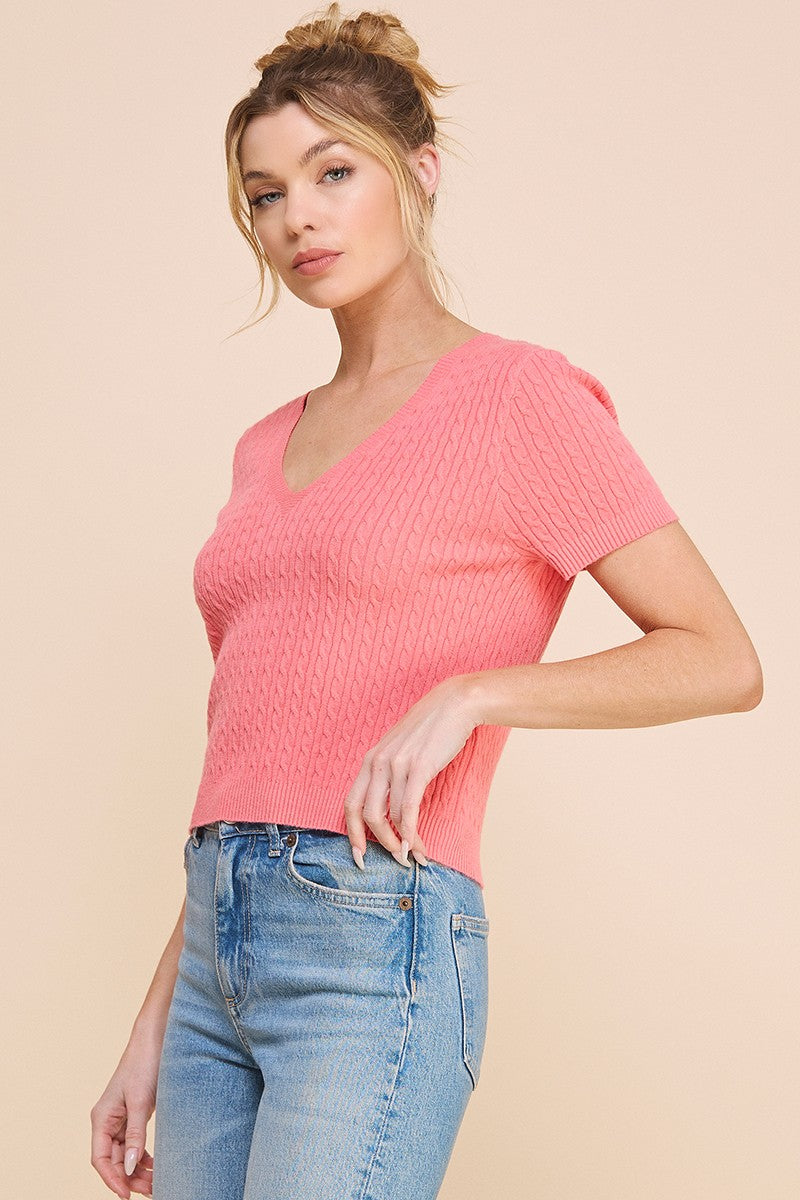 Cable Knit V-Neck Short Sleeve Top - Carnation